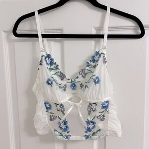 Understance (36 A/B) Floral Embroidered White Mesh Bralette Corset Style Top